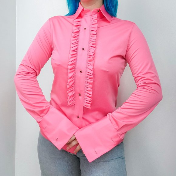 Vintage 1970s Pink Ruffled Tuxedo Blouse - Picture 1 of 10